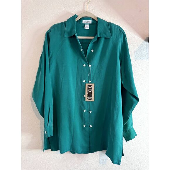 NWT Vintage KIKOMO 100% Silk Green Button Up Womens Size Small - Picture 2 of 8